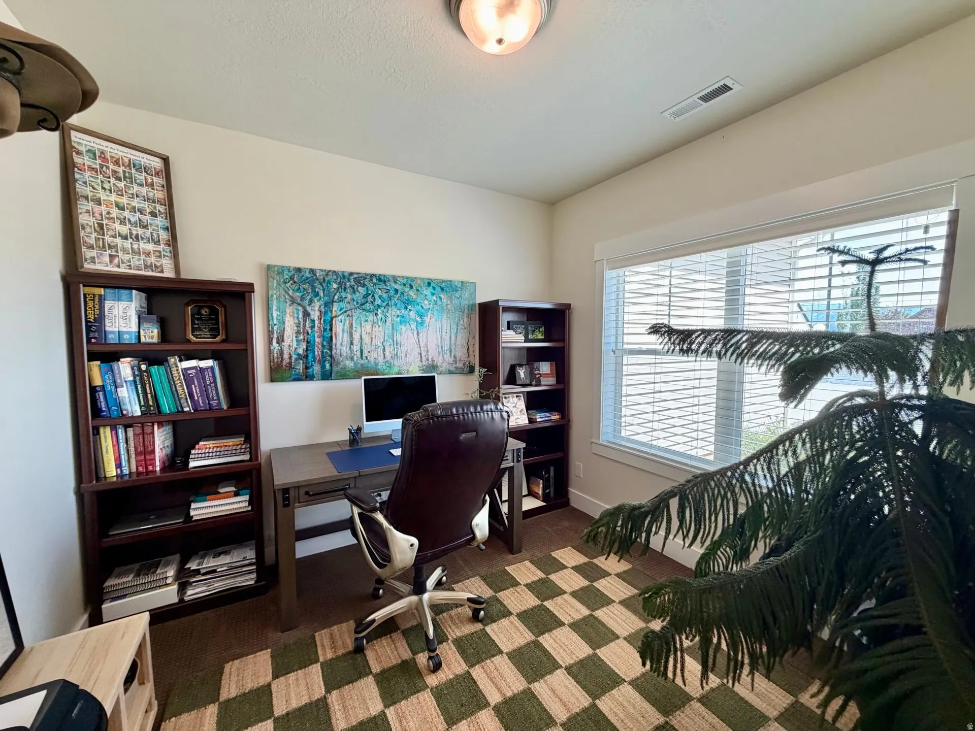 Room featuring a large window with horizontal blinds, built-in ceiling light fixture, and two dark wood-finish bookcases