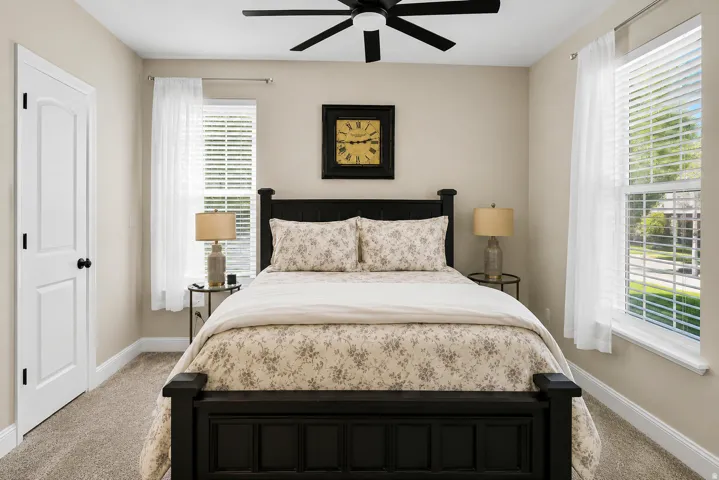 Carpeted room featuring a ceiling fan, two windows with blinds and sheer curtains, and a white interior door with black hardware