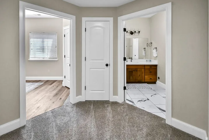 Hallway featuring carpet flooring, two paneled doors, and access to a room with wood-finish flooring and a window, and a bathroom with a wood vanity, white countertop, rectangular sink, and tile flooring