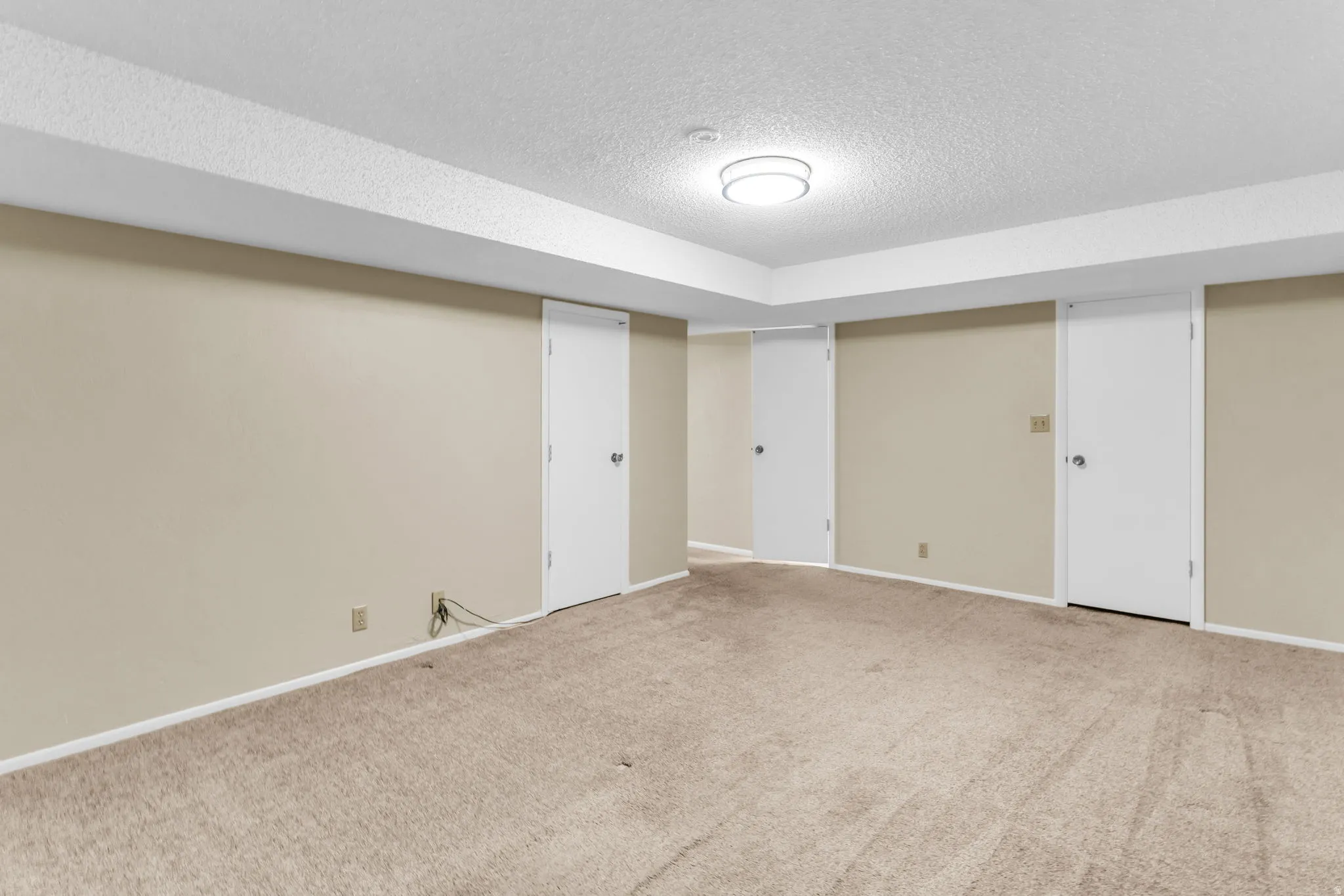 Carpeted room featuring beige walls and white trim