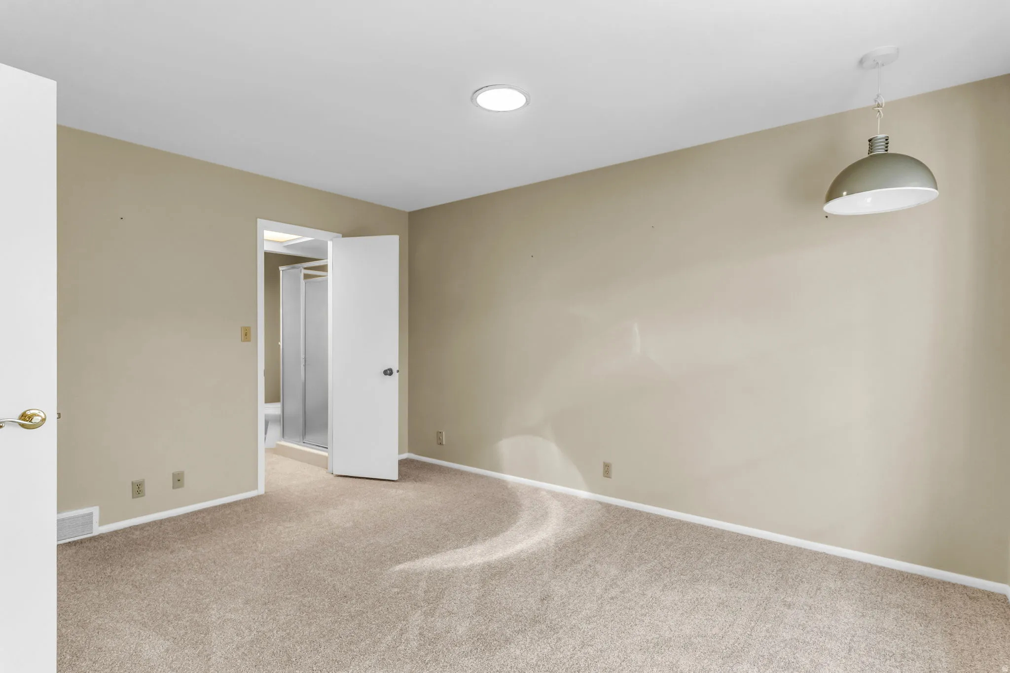 Carpeted room featuring a ceiling-mounted light fixture, recessed lighting, and direct access to an enclosed shower