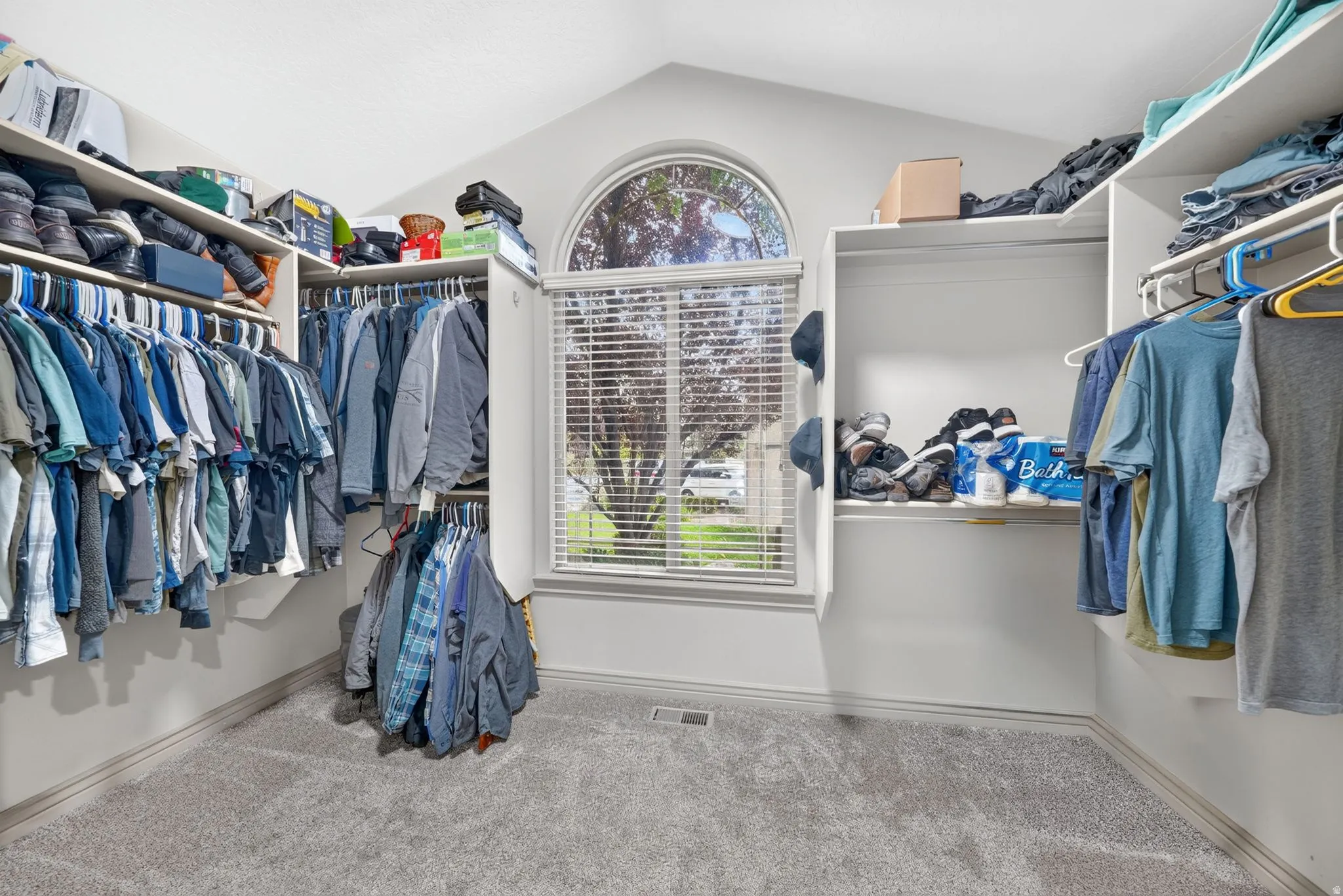 Carpeted closet space featuring extensive built-in shelving, multiple hanging rods, a vaulted ceiling, and an arched window with blinds