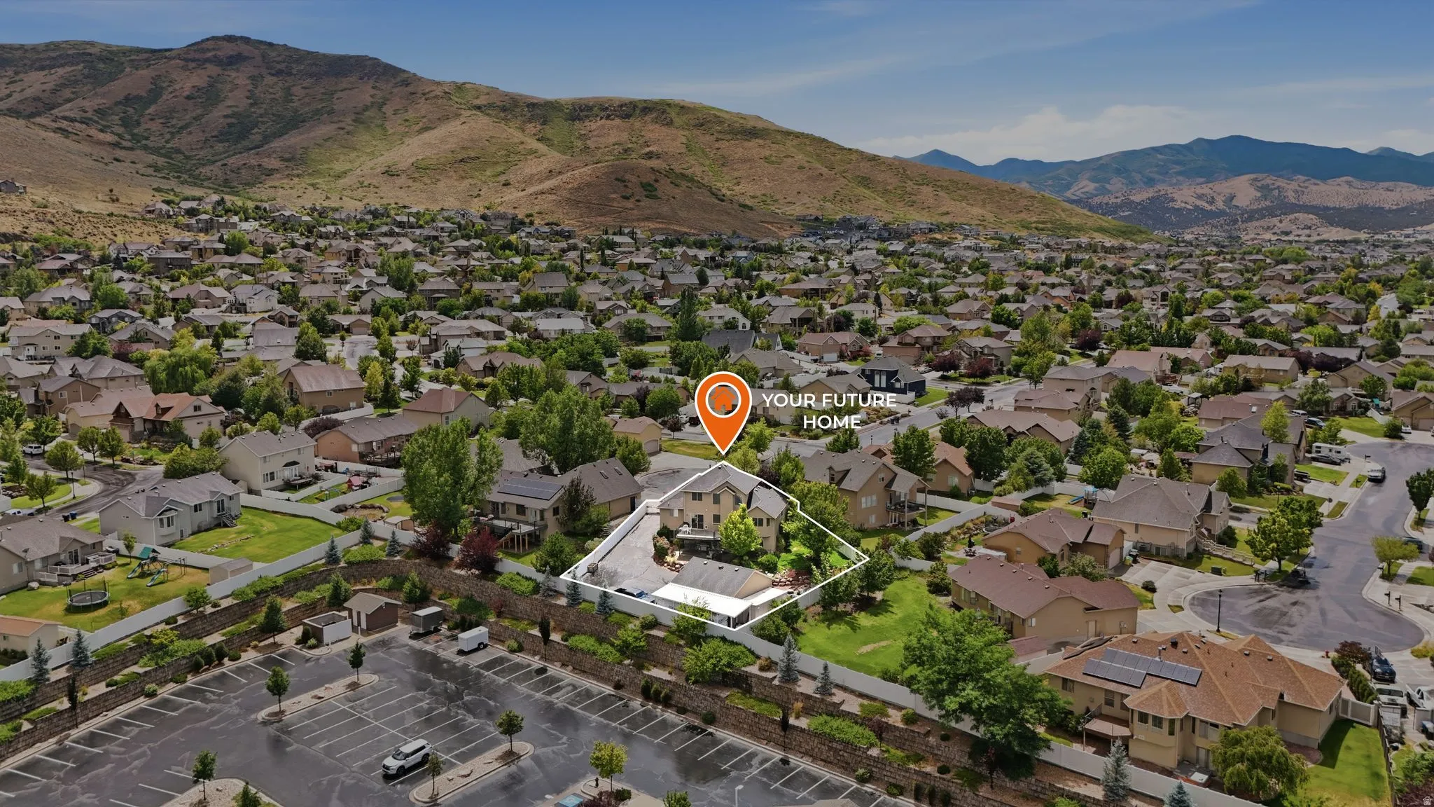 Aerial perspective highlighting a residential property within a suburban landscape