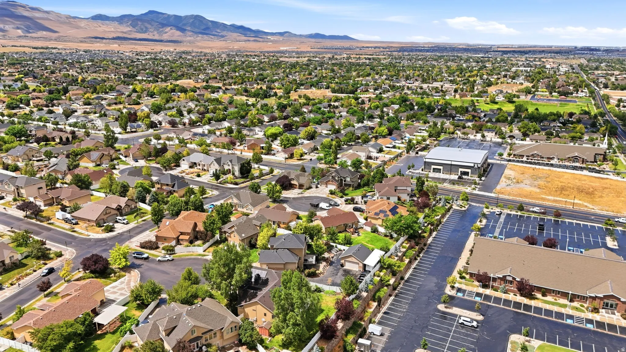 Expansive aerial perspective showcasing a residential neighborhood with established homes and mature landscaping