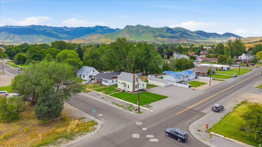 Aerial perspective showcasing a residential area with varied housing styles, mature trees, and mountainous terrain in the background