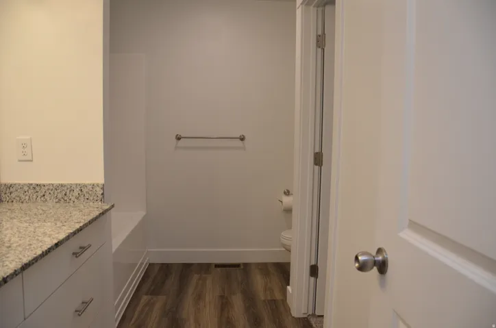 Bathroom featuring a vanity with a speckled countertop, white cabinetry with brushed nickel pulls, and wood-finish flooring