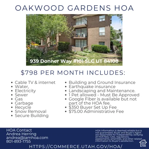 HOA Flyer. Displaying property specifics, monthly fees, included utilities, and additional costs