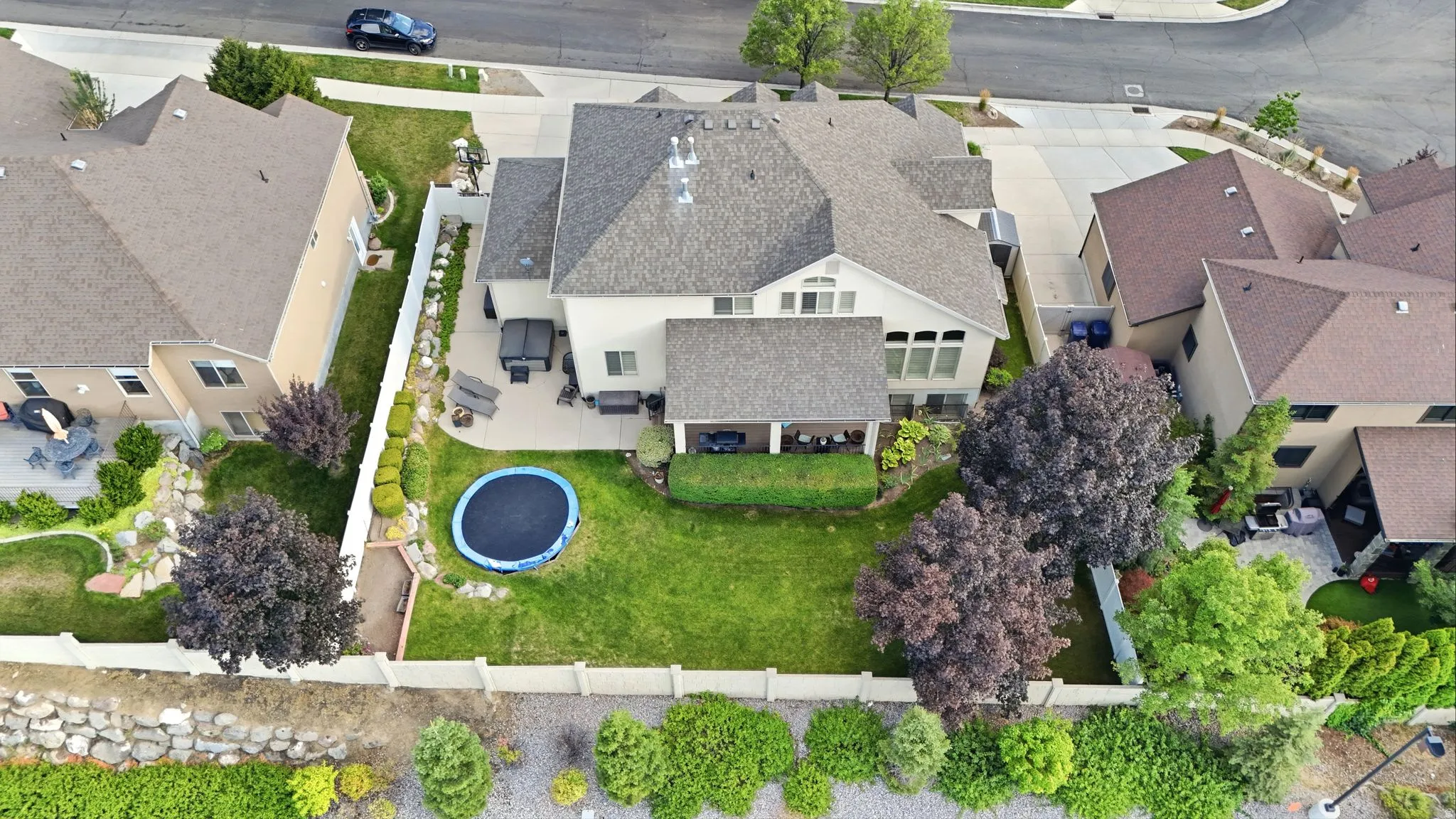 Ariel view of the back of the house showing large backyard and mature trees secluding the backyard
