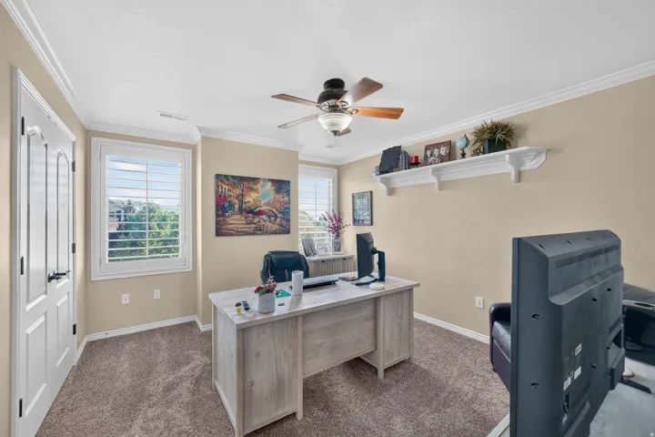 Second spare bedroom featuring neutral-toned walls, textured carpeting, and white crown molding
