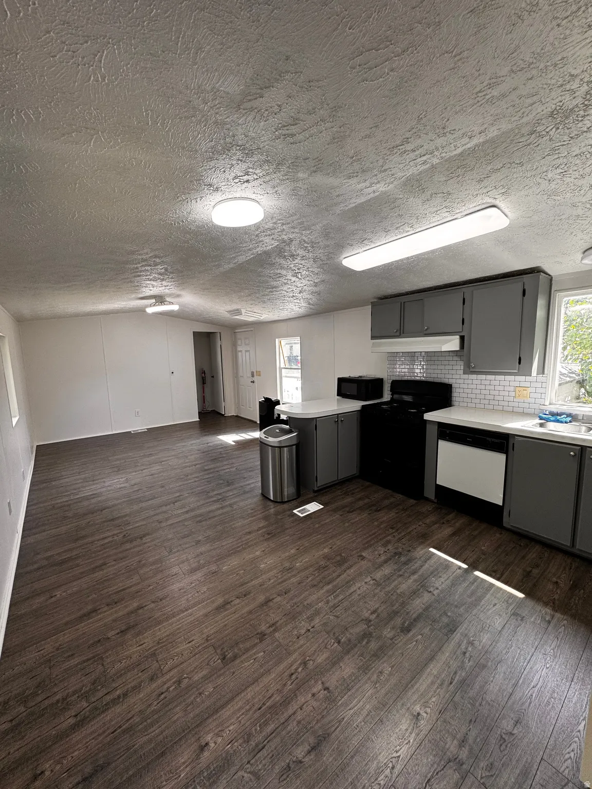 Open-concept living space featuring wood-finish flooring