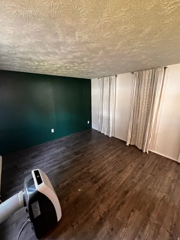 Room featuring dark wood-finish flooring, a painted accent wall, and two window openings