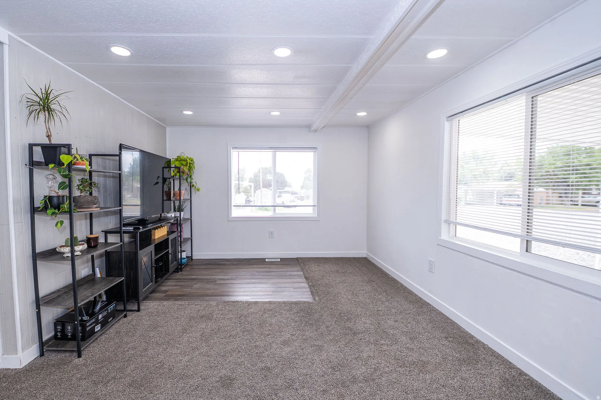 Spacious room featuring recessed lighting, a combination of carpet and wood-finish flooring, and multiple windows with horizontal blinds
