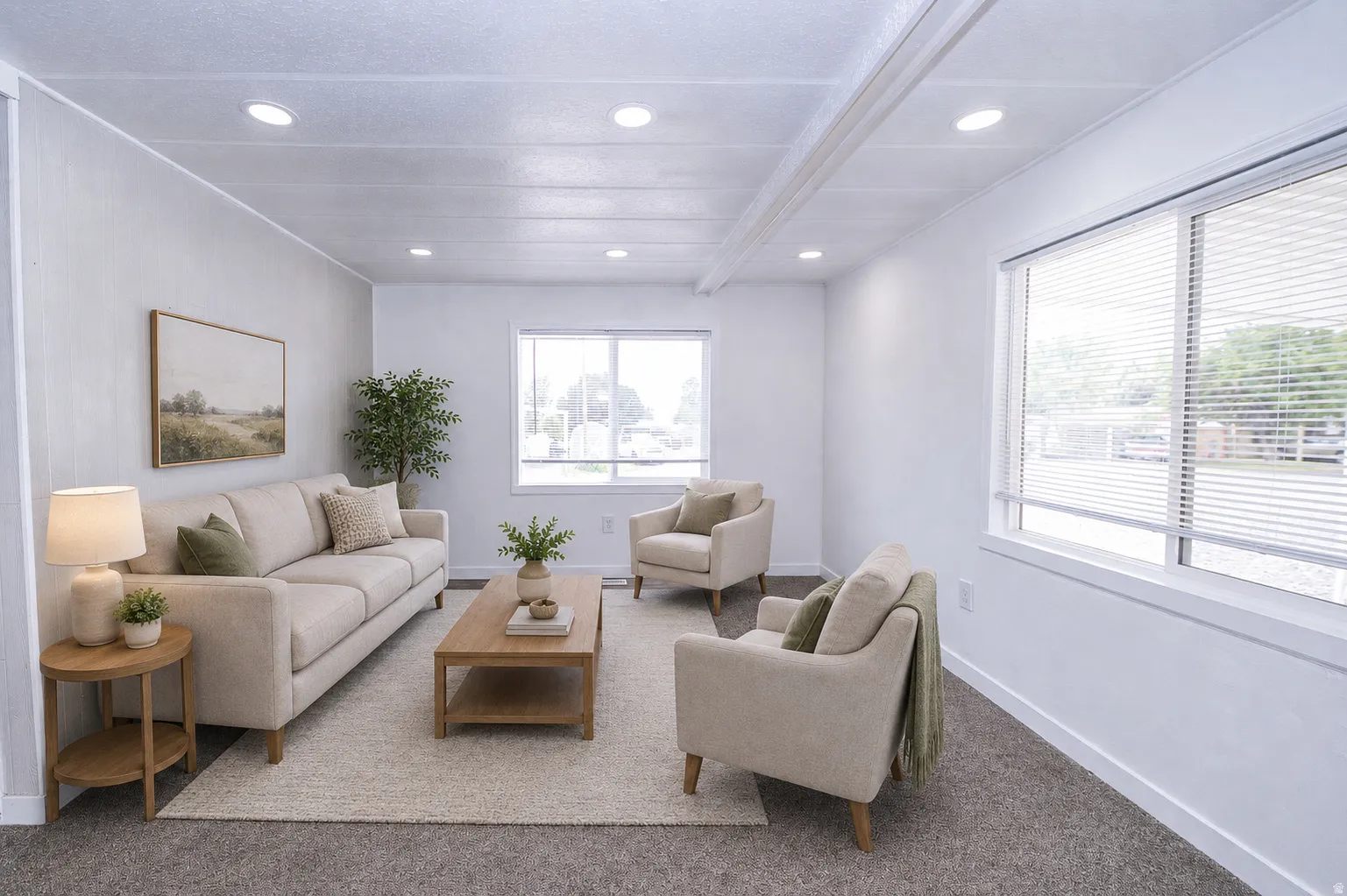 Virtually staged living room with NEW windows