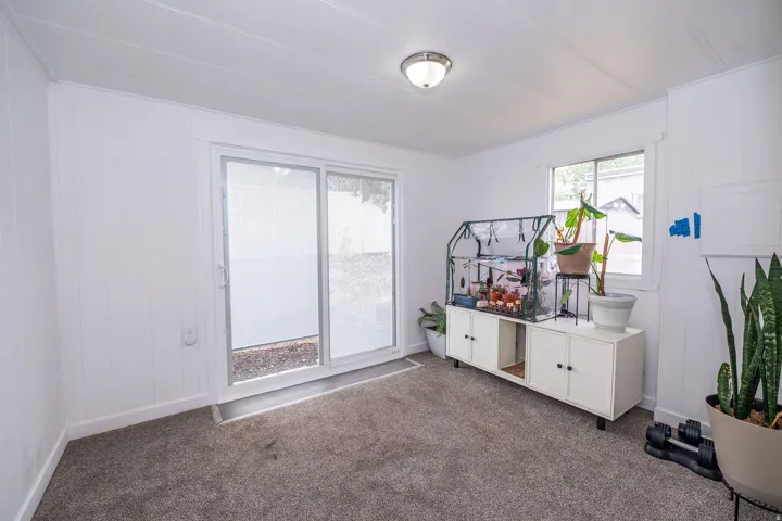 Carpeted interior space featuring white paneled walls, a sliding glass door, and an overhead flush-mount light fixture