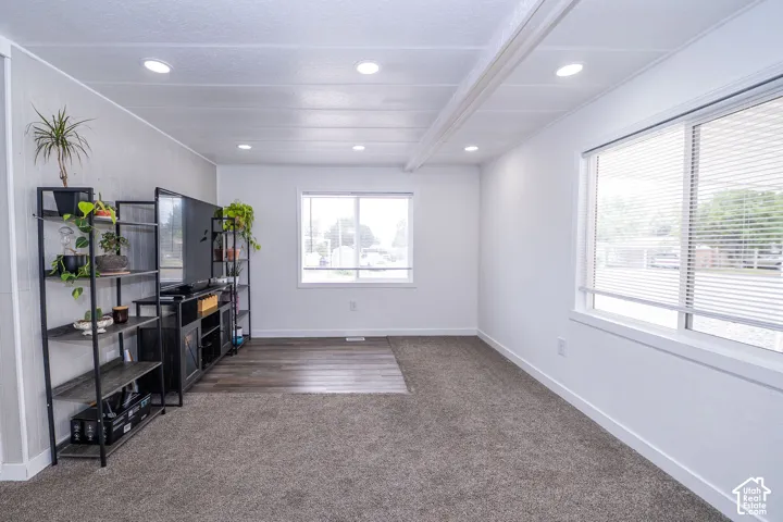 Spacious room featuring recessed lighting, a combination of carpet and wood-finish flooring, and multiple windows with horizontal blinds