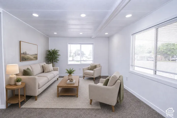 Virtually staged living room with NEW windows