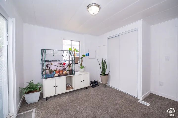 Neutral white walls with textured paneling, gray carpet flooring, and a large sliding door closet