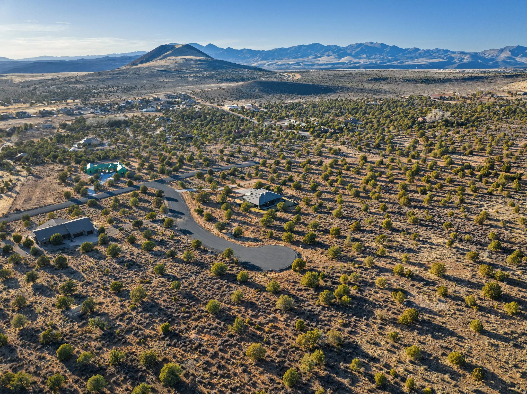 Expansive desert landscape featuring scattered evergreen trees and distant mountains under a clear sky