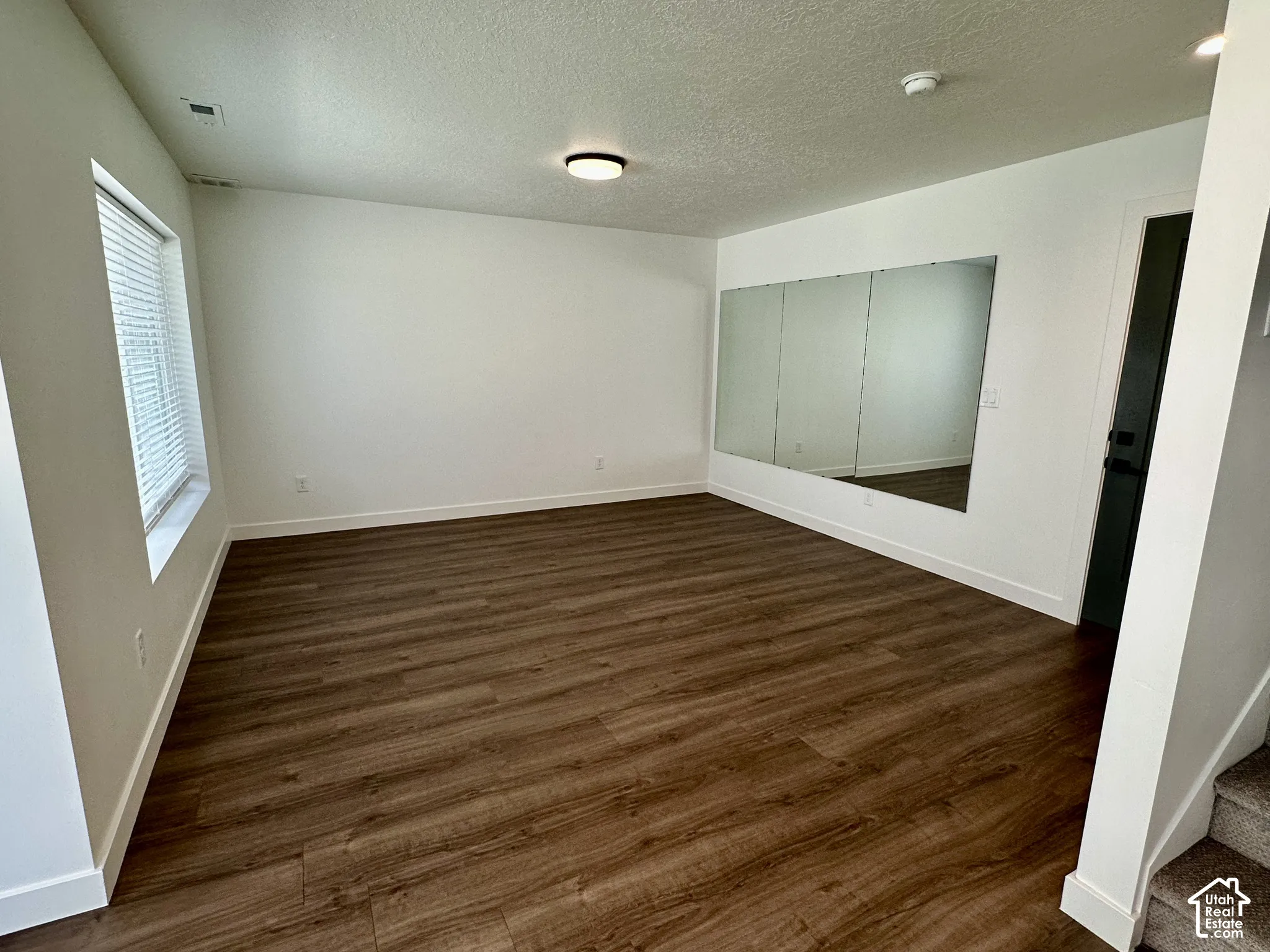 Flex room can be used as office, exercise room or anything you want. Wood-finish flooring, white walls, large framed mirror, window with blinds.