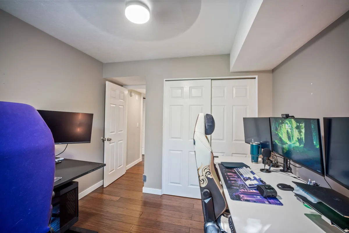 Room with wood-finish flooring, light gray walls, and white trim