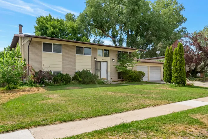 Mid-century modern exterior featuring brick and siding accents, a two-car garage with overhead doors, a paved driveway, and mature landscaping