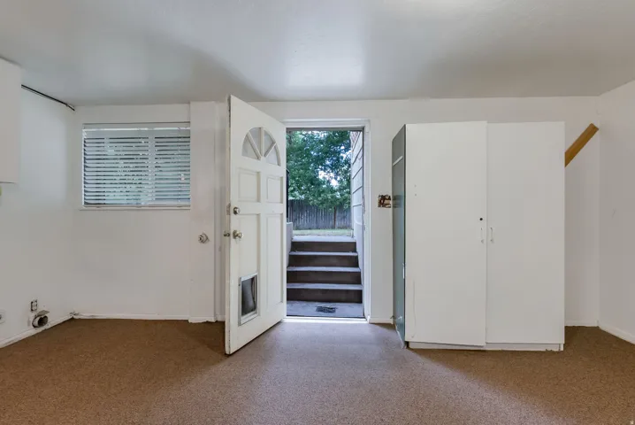 Carpeted interior space featuring a white paneled door with a segmented arch window, a rectangular window with blinds, built-in white cabinetry, and concrete exterior steps