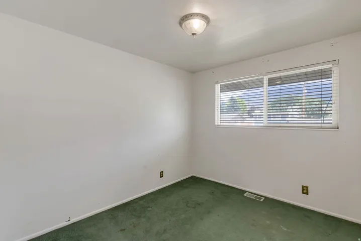 Room featuring a horizontal window with blinds, white painted walls, and green carpeting