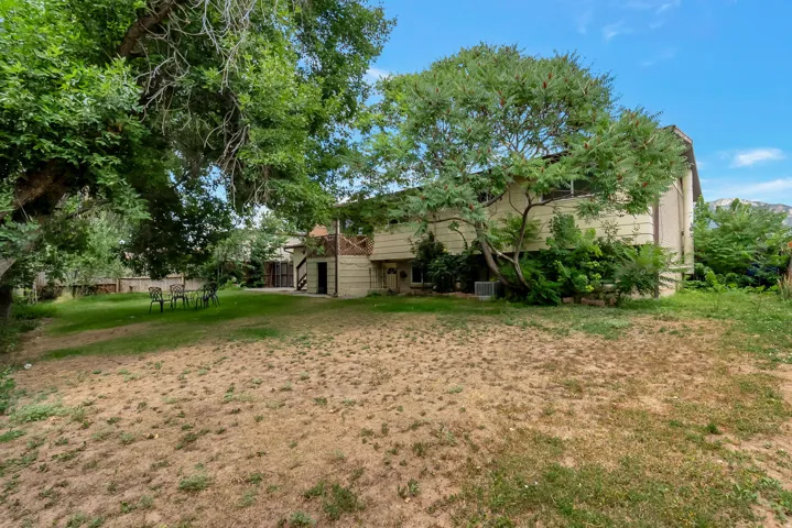 Expansive rear yard featuring mature trees and a two-story exterior