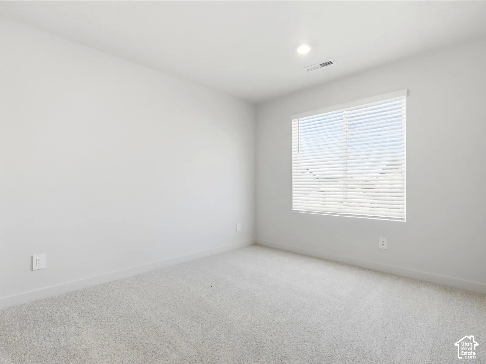 Neutral-toned wall paint, wall-to-wall carpeting, and a window with horizontal blinds