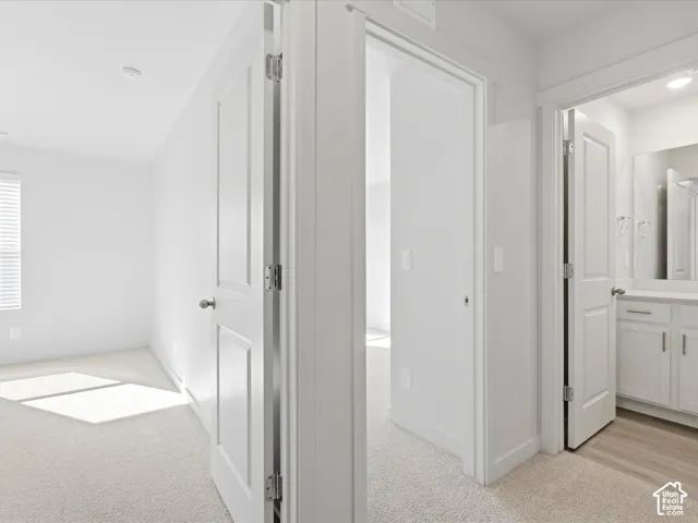 Interior space featuring neutral-toned carpeting, two-panel interior doors with satin nickel hardware, and a bathroom equipped with white cabinetry and wood-finish flooring