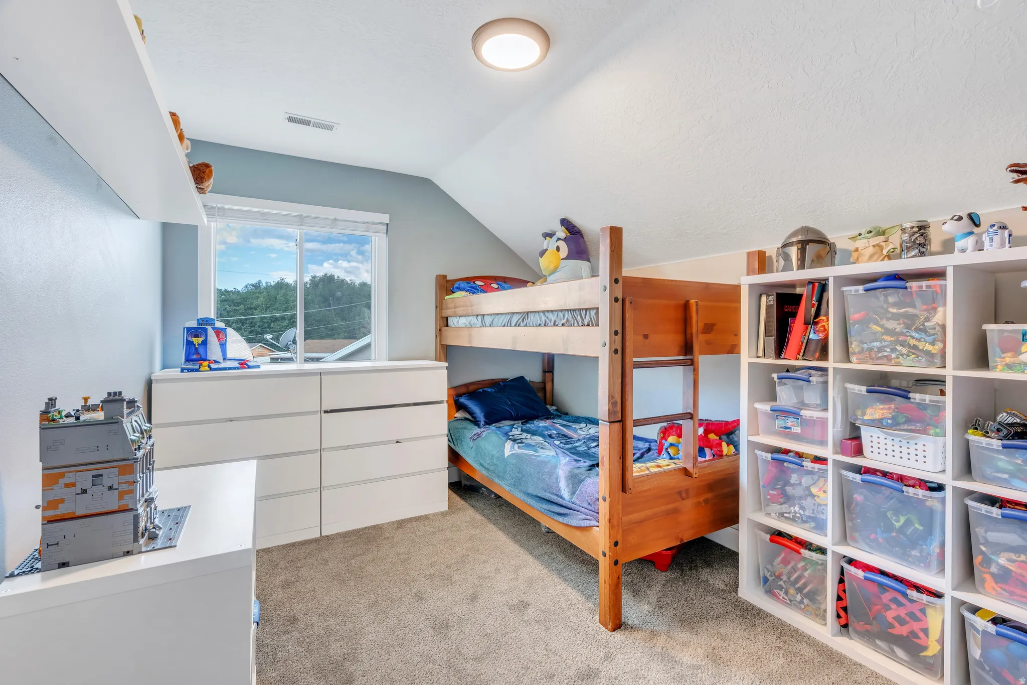 Room featuring sloped ceilings, a single window, and neutral carpeting