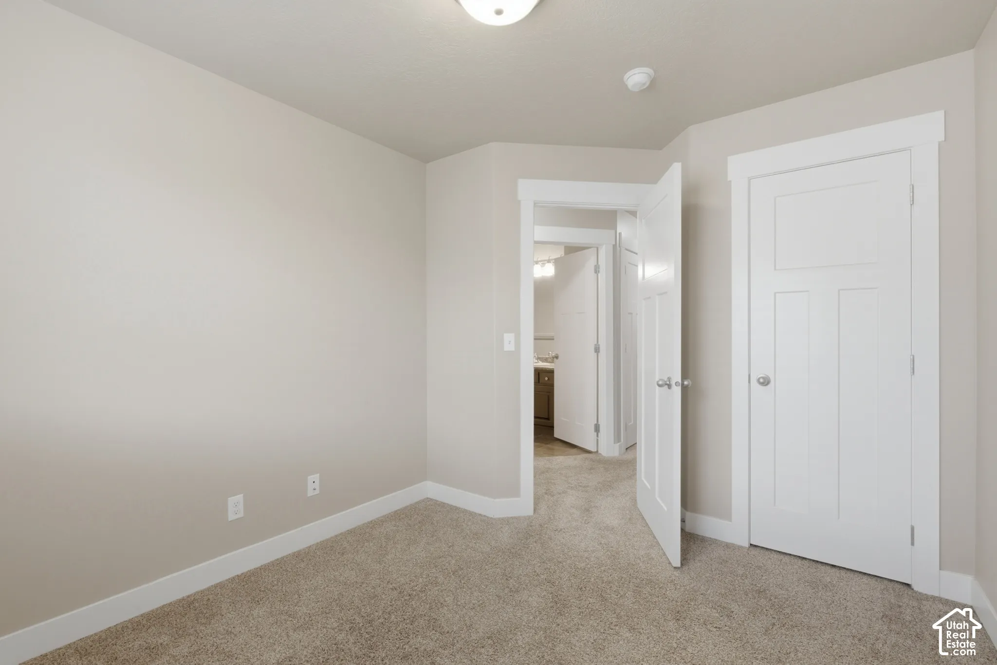 Carpeted room with neutral wall paint and white trim