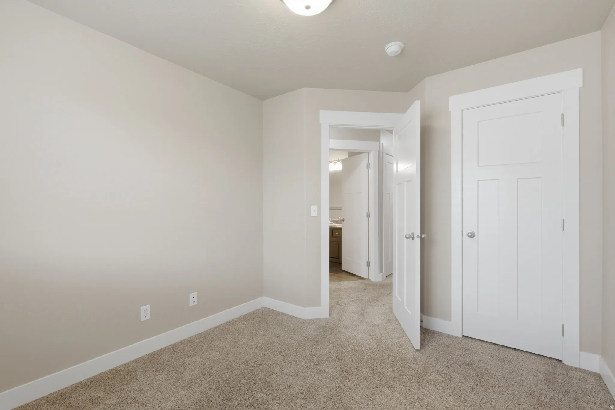 Carpeted room with neutral wall paint and white trim