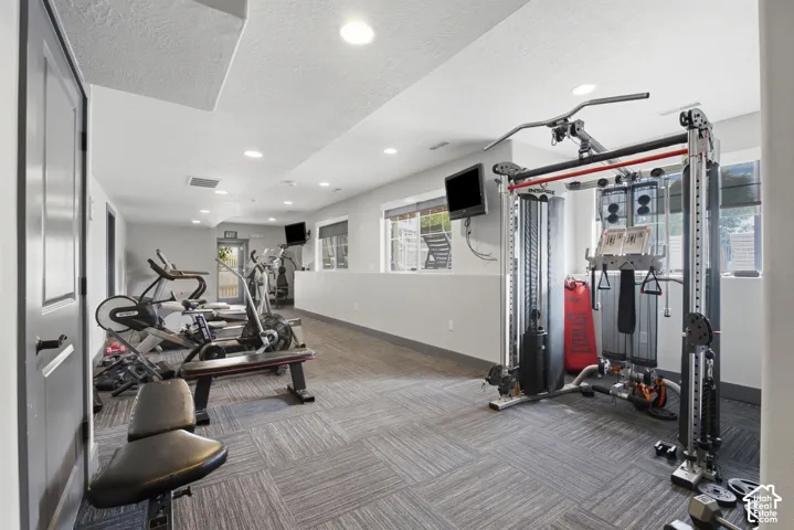 Dedicated fitness room featuring recessed lighting and patterned carpet flooring
