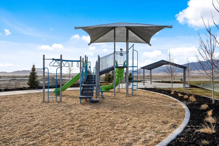 Playground structure featuring a shaded play area, multiple slides, monkey bars, and ladder access