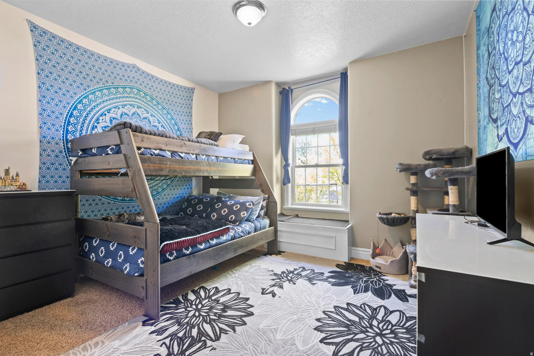 Carpeted room featuring an arched window, white baseboards, and a built-in window bench