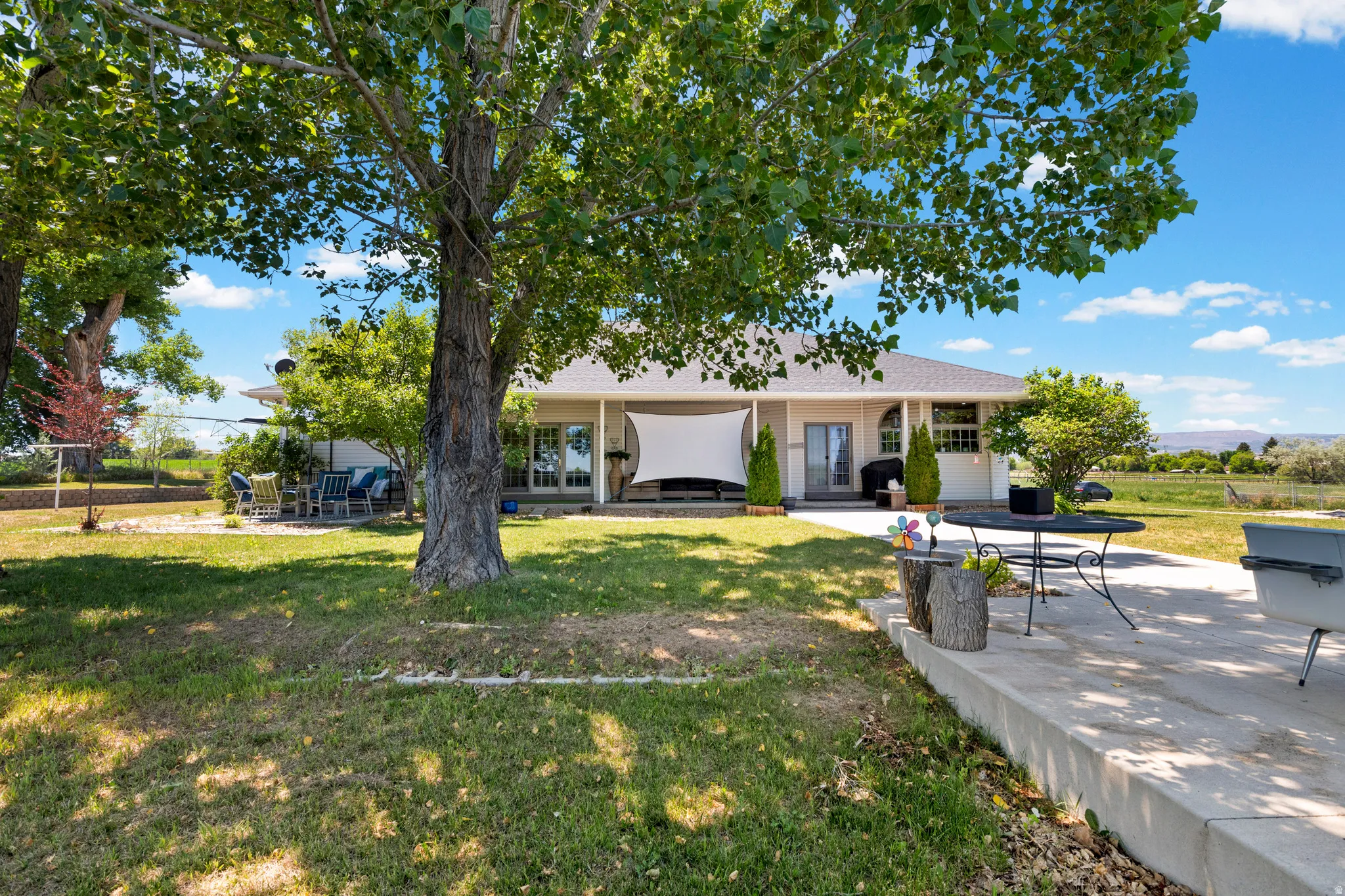 Expansive backyard featuring mature trees, a concrete patio, and a dedicated outdoor gathering area