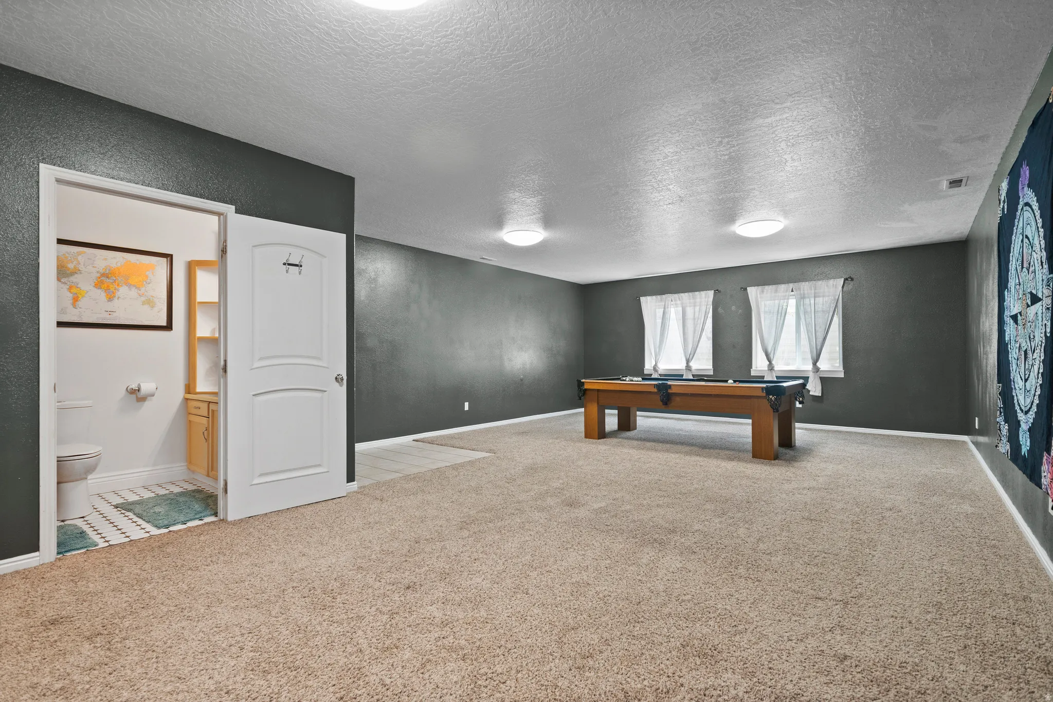 Spacious carpeted room featuring dark walls and multiple windows for natural light