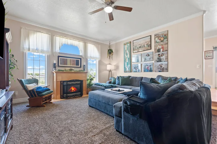 Living area featuring a fireplace with a wood mantel, multiple windows, a ceiling fan, and carpet flooring
