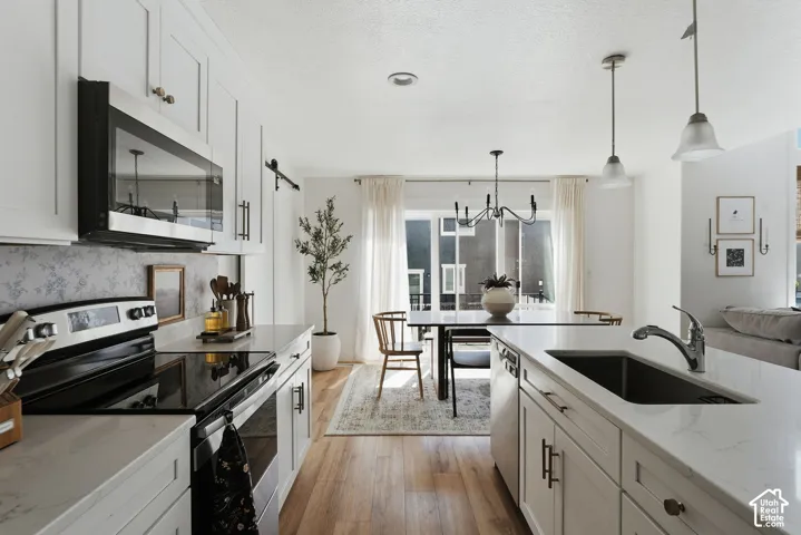 Kitchen featuring light-finish cabinetry, stainless steel appliances, and light countertops