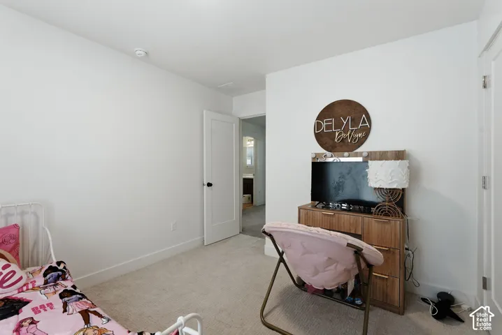 Interior room featuring light-toned carpeting and white walls