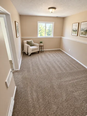 Wall-to-wall carpeting, chair rail molding, ceiling-mounted light fixture, and a white window frame