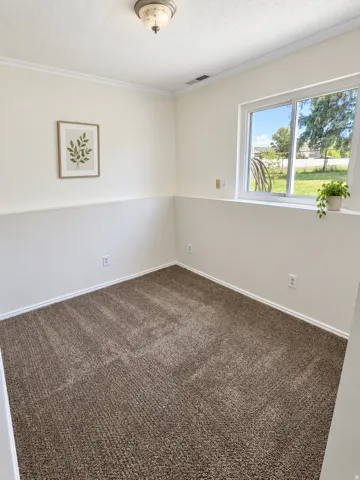 Wall-to-wall carpeting with white baseboards, a white-framed window, and a ceiling-mounted light fixture