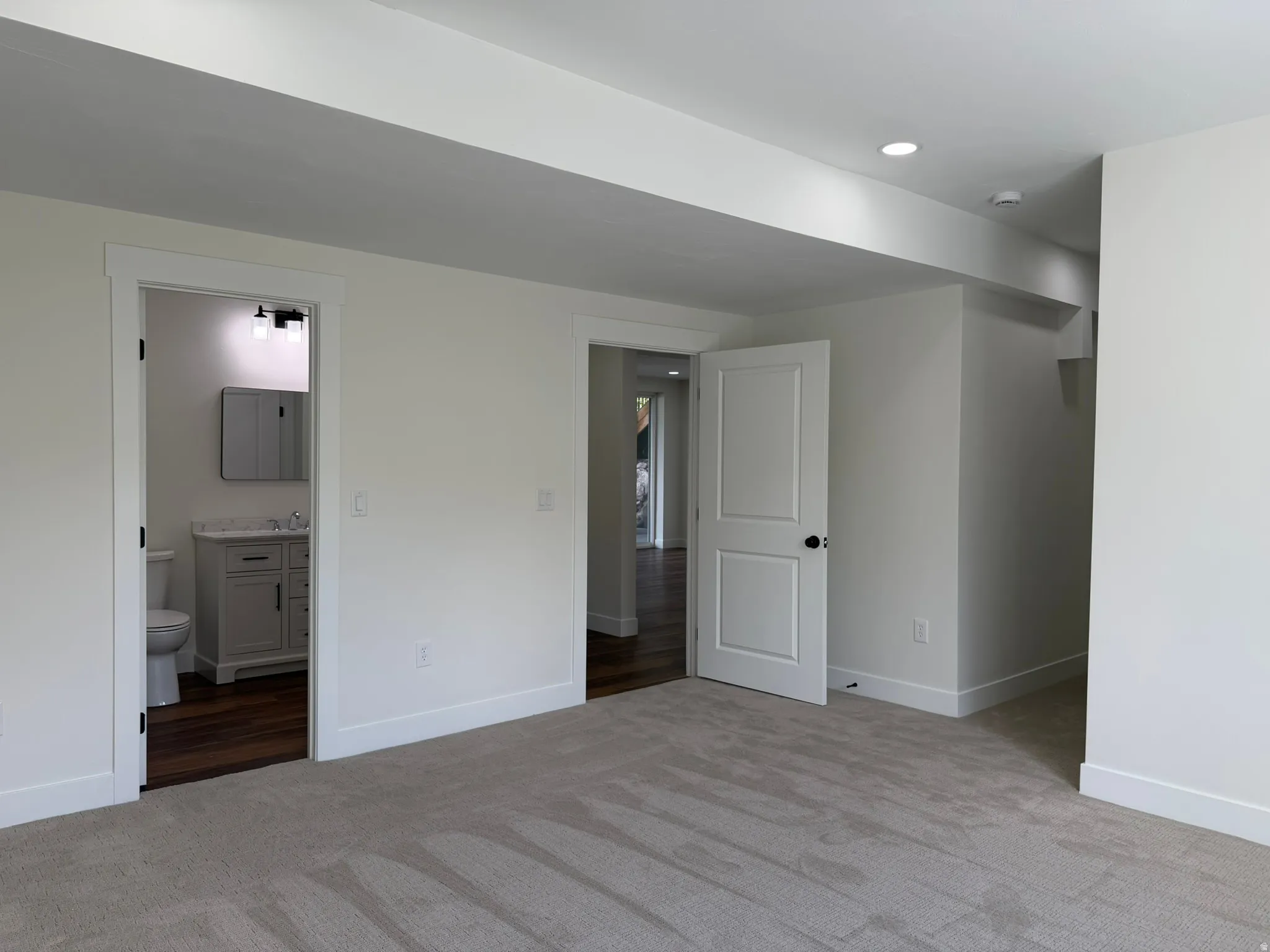Recessed lighting, wood-finish flooring, white doors, and light neutral carpeting