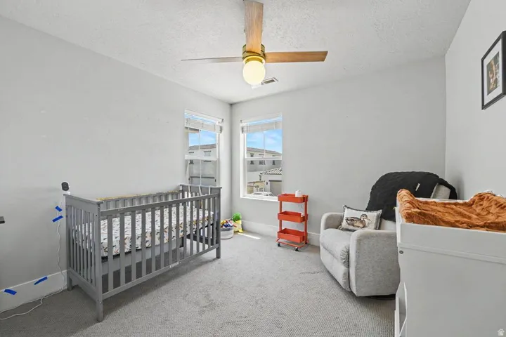 Room featuring light gray carpeting, neutral wall paint, and two windows providing natural illumination