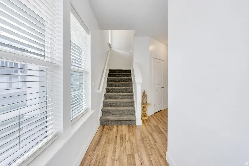 Hardwood-style flooring with a carpeted staircase and white risers