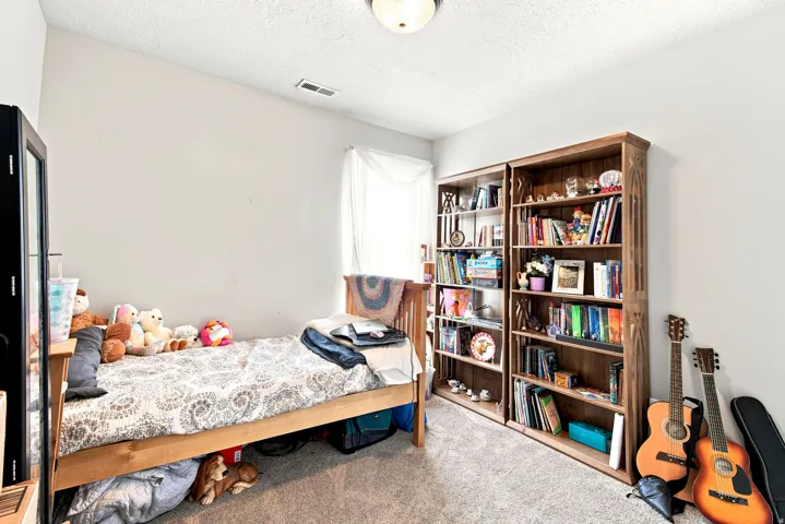 Neutral wall paint, ceiling-mounted light fixture, and light-colored carpeting define this room