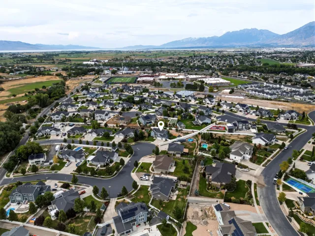 Aerial perspective showcasing a residential neighborhood with varied architectural styles