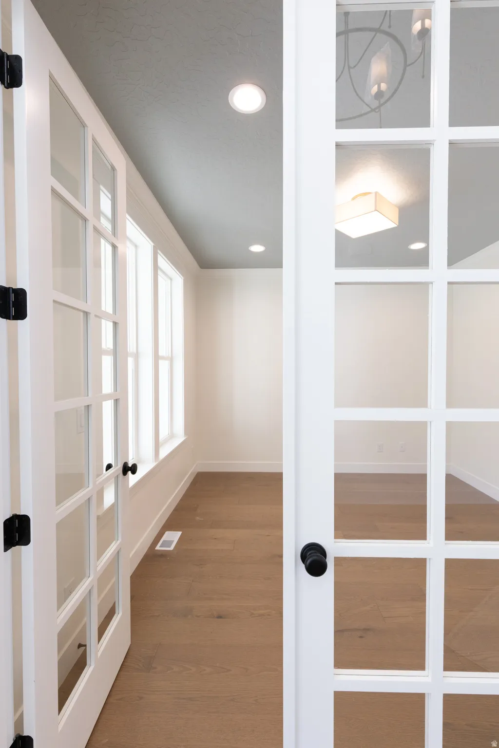 French doors with black hardware, wood-finish flooring, recessed lighting, and multiple windows