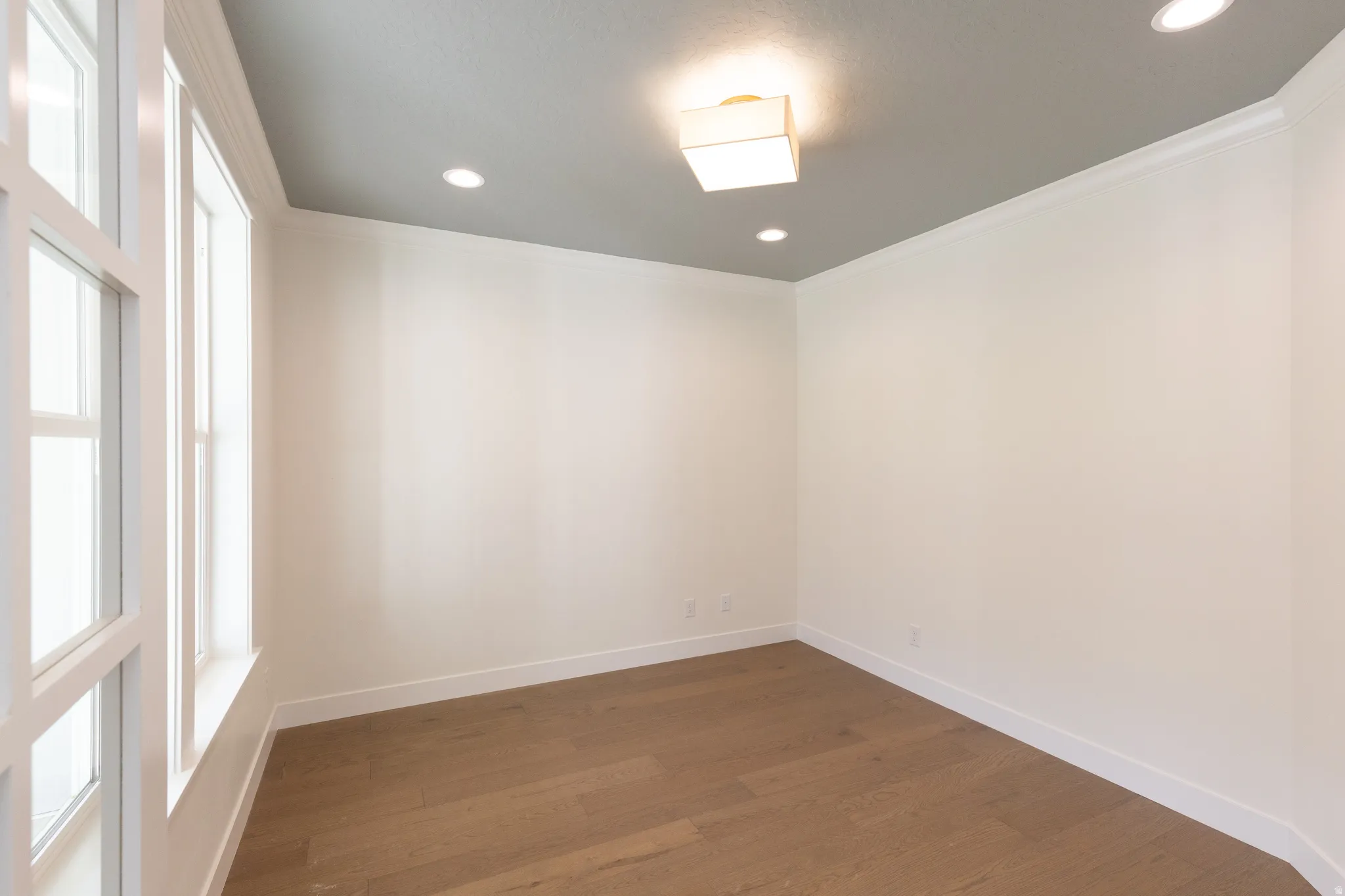 Hardwood-finish flooring, white walls, gray ceiling, recessed lighting, and a contemporary flush-mount ceiling fixture